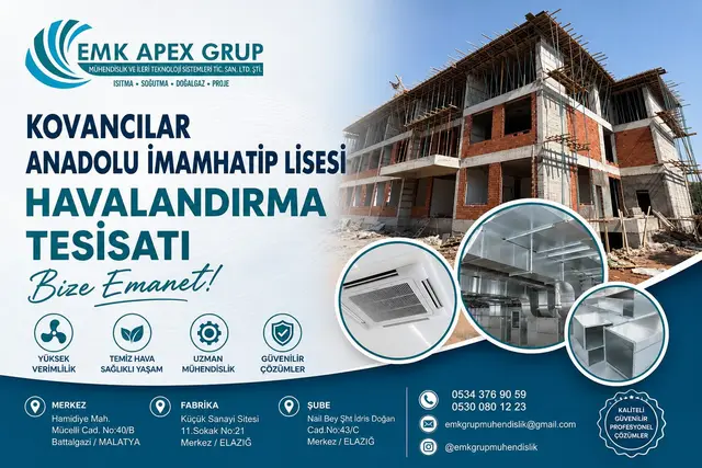 Kovancılar Anadolu İmam Hatip Lisesi inşaatı ve kaset tip iç ünite görseli