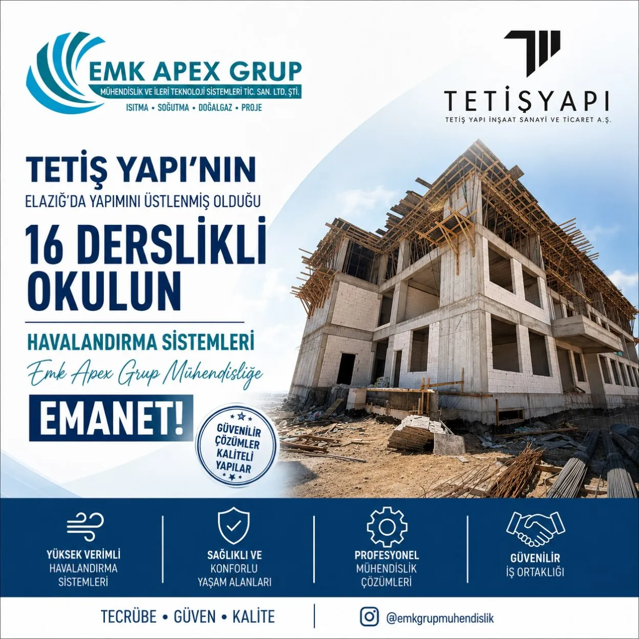 Tetiş Yapı’nın Elazığ’da inşa ettiği 16 derslikli okul binası kaba inşaat hâli